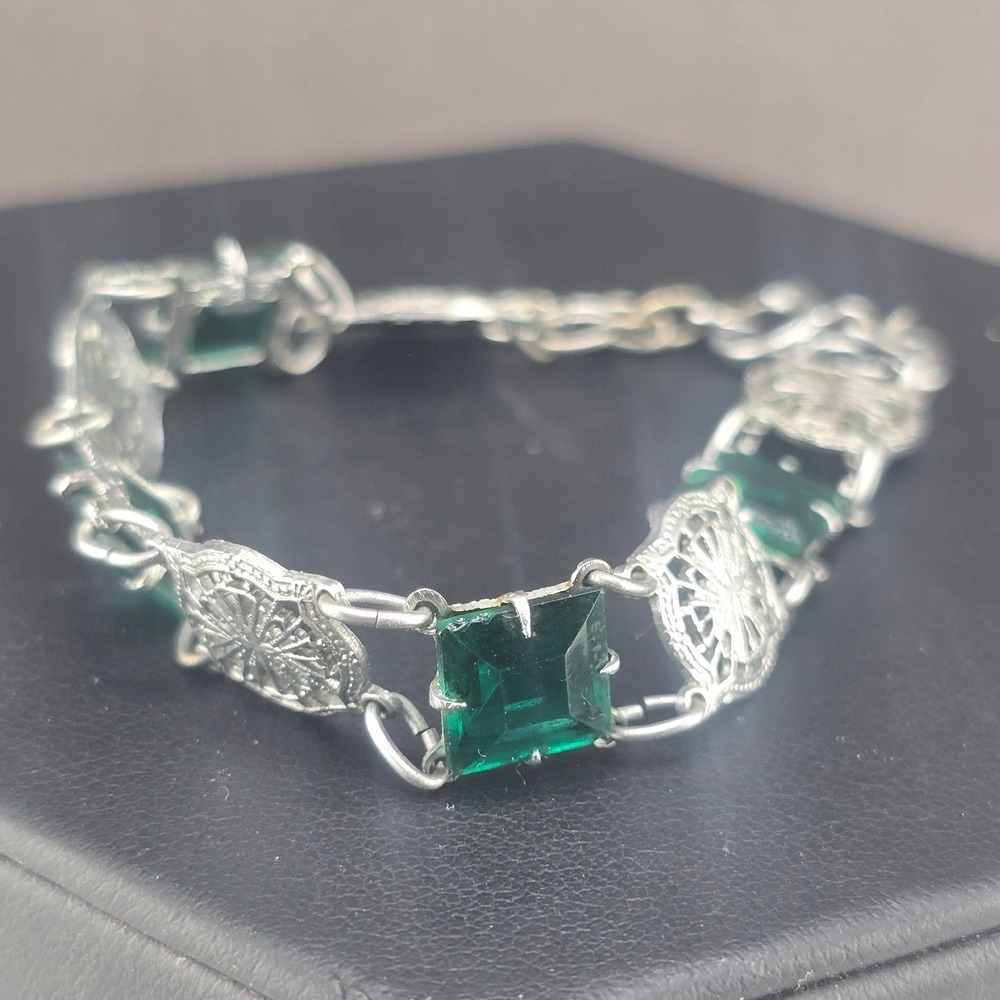 Vintage Estate Filigree Link Bracelet Green Cut Stones 6in